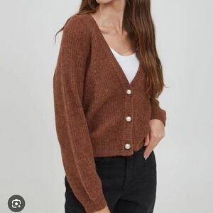 Coffee Brown Cardigan Sweater With Large Pearl Buttons